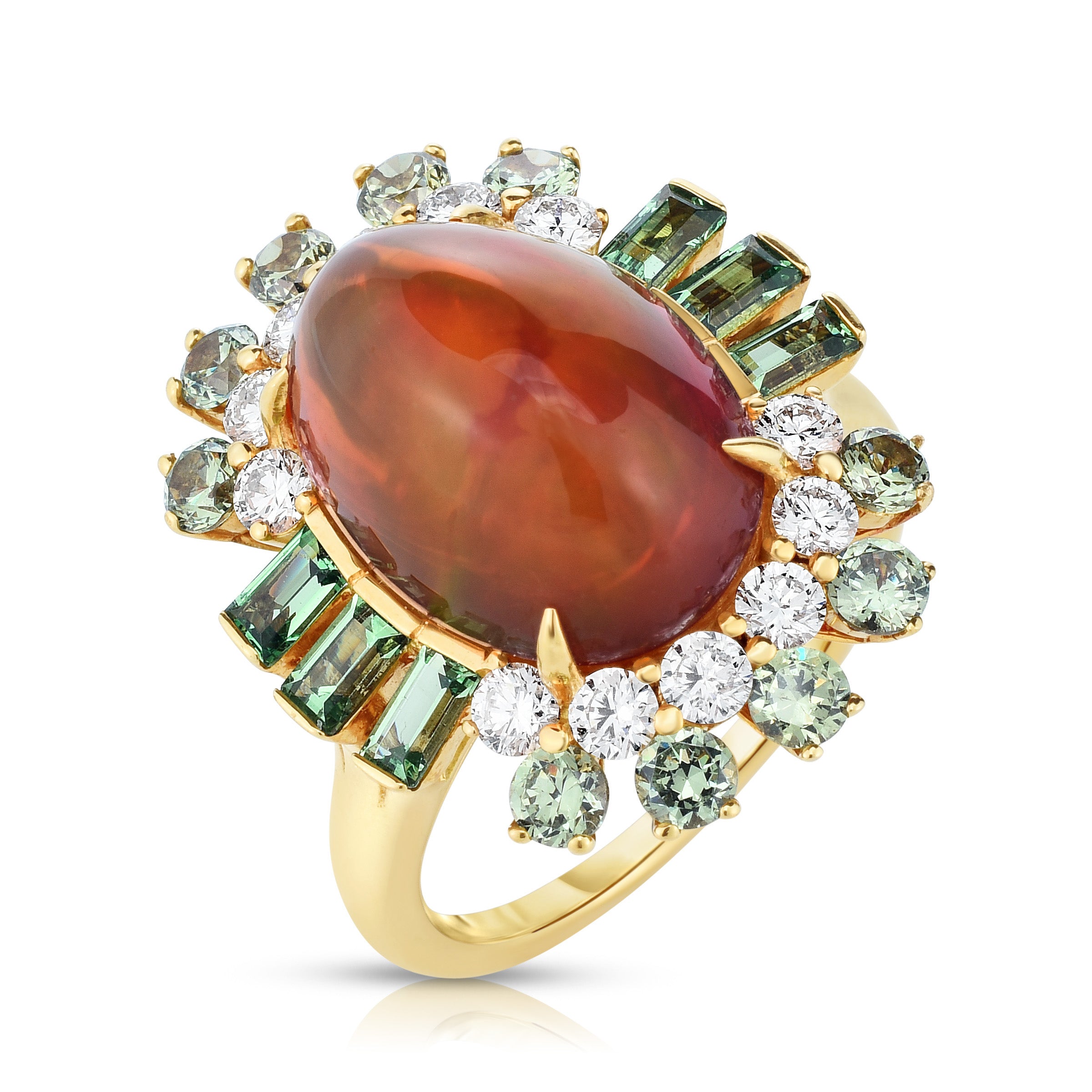 Fire Opal Ring with Tsavorite & Diamond Halo
