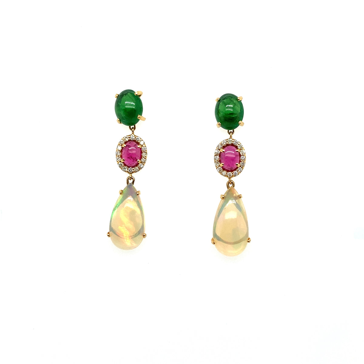 Tsavorite, Tourmaline, Opal and Diamond Drop Earrings