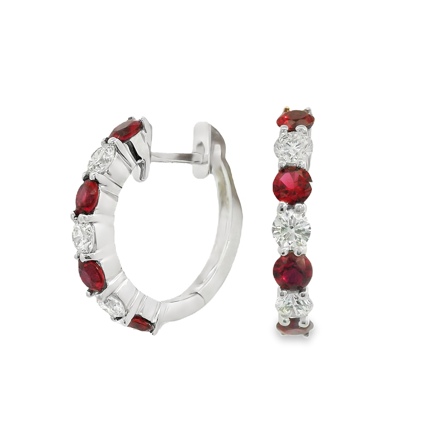 Alternating Round Ruby and Diamond Hoop Earrings