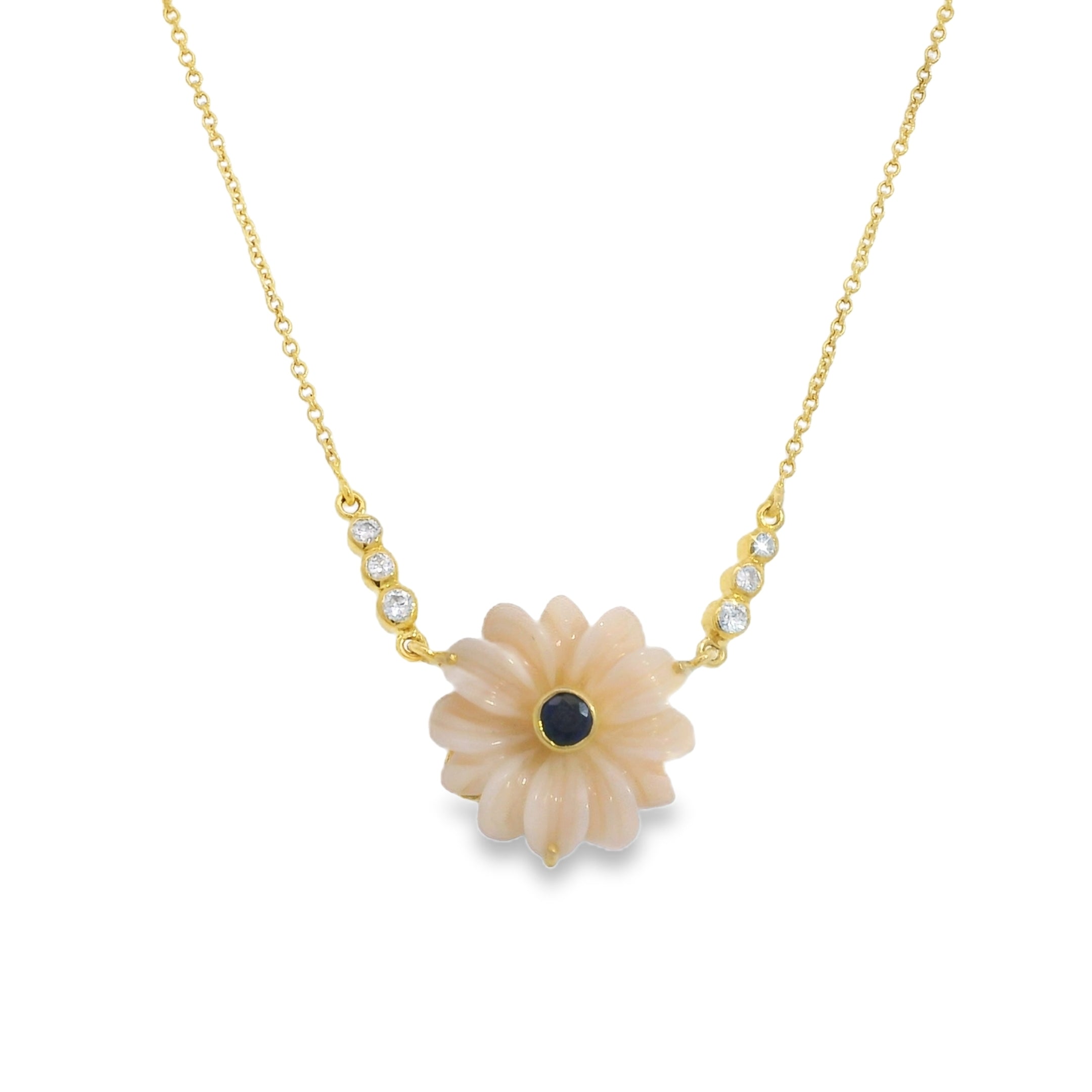 Carved Opal Flower with Solitaire Round Sapphire Necklace