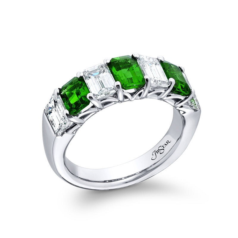Platinum Emerald-Cut Emerald and Diamond Band