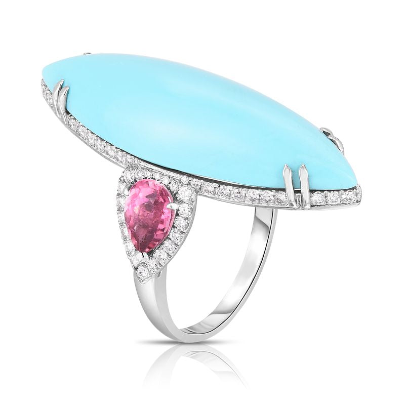 Cabochon Marquise Turquoise and Pink Tourmaline Ring
