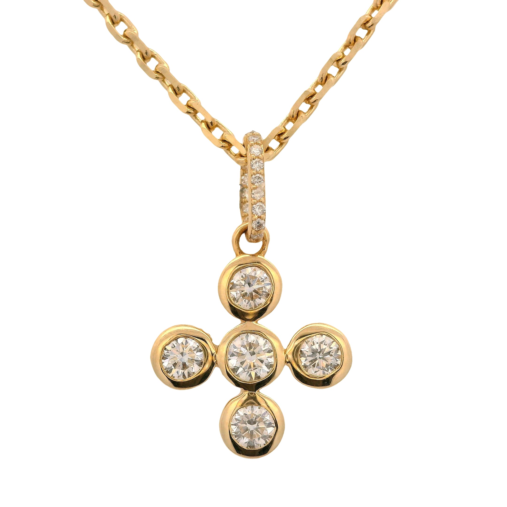 Bezel Round Diamond Cross Pendant on Pavé Diamond Enhancer Bail