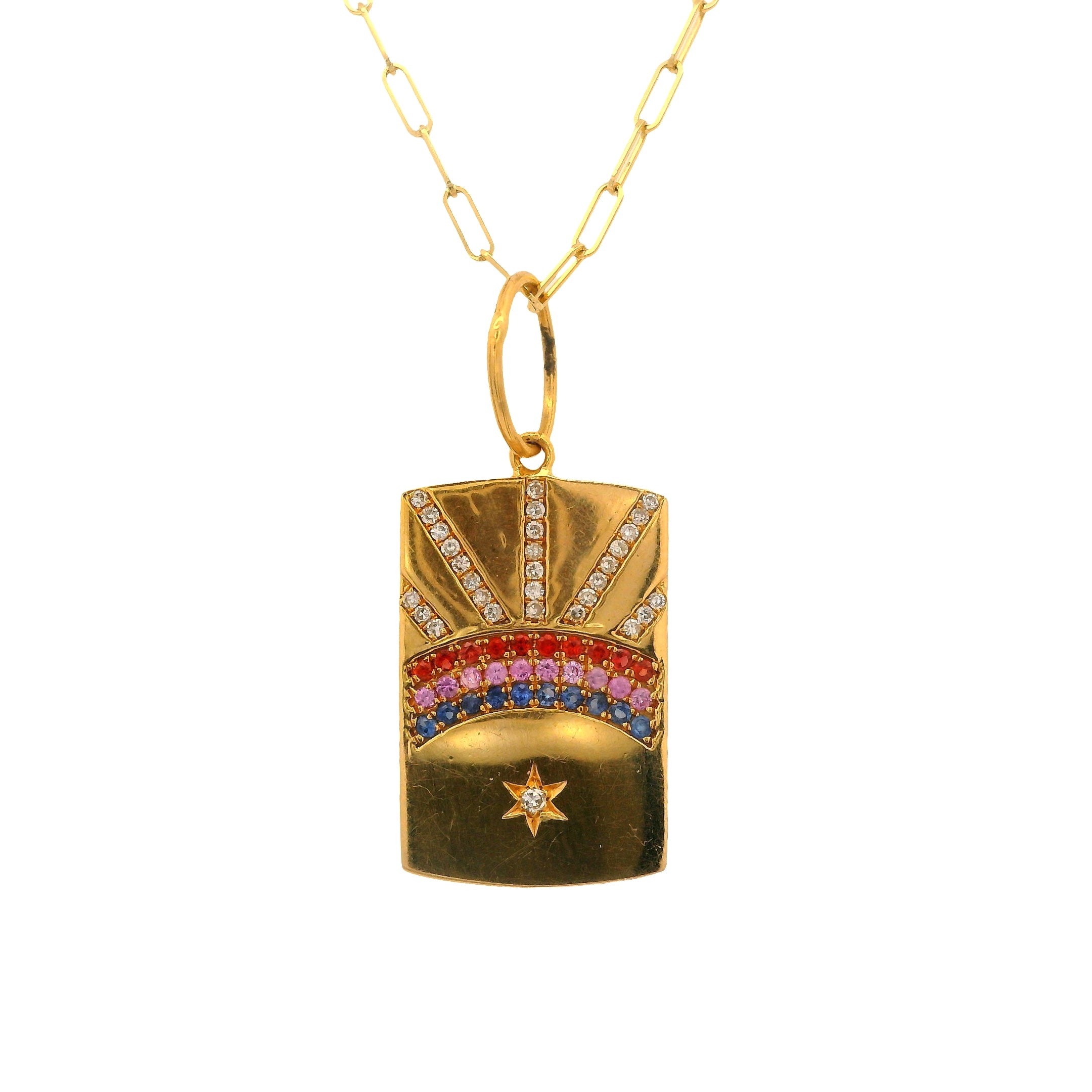 Pavé Diamond and Rainbow Sapphire Dog Tag Pendant