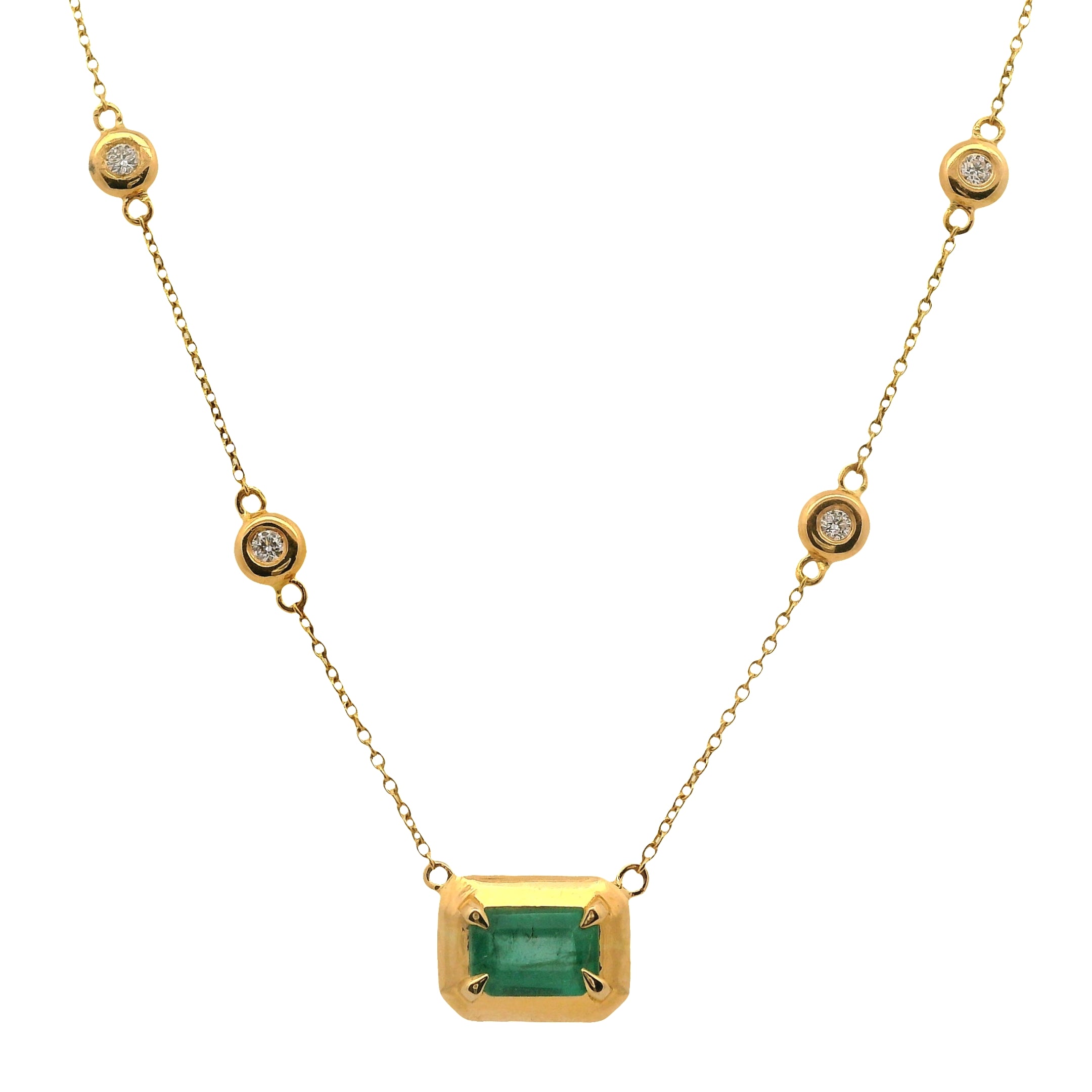 East-West Prong Set Emerald Cut Emerald on Bezel Diamond Chain
