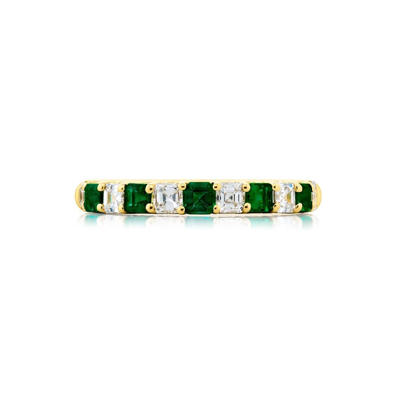 18K Yellow Gold Square Emerald-Cut Emerald and Diamond Band