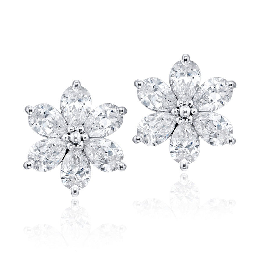 Platinum Pear-Shaped Diamond Floral Stud Earrings