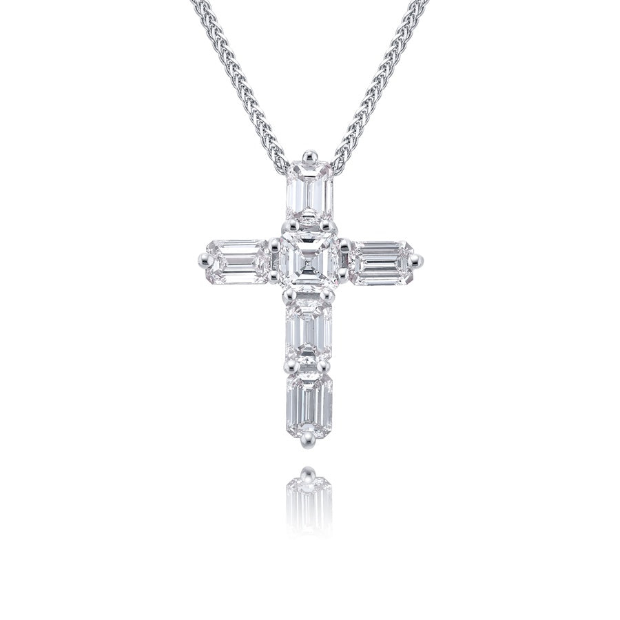 Platinum Emerald-Cut Diamond Cross Pendant