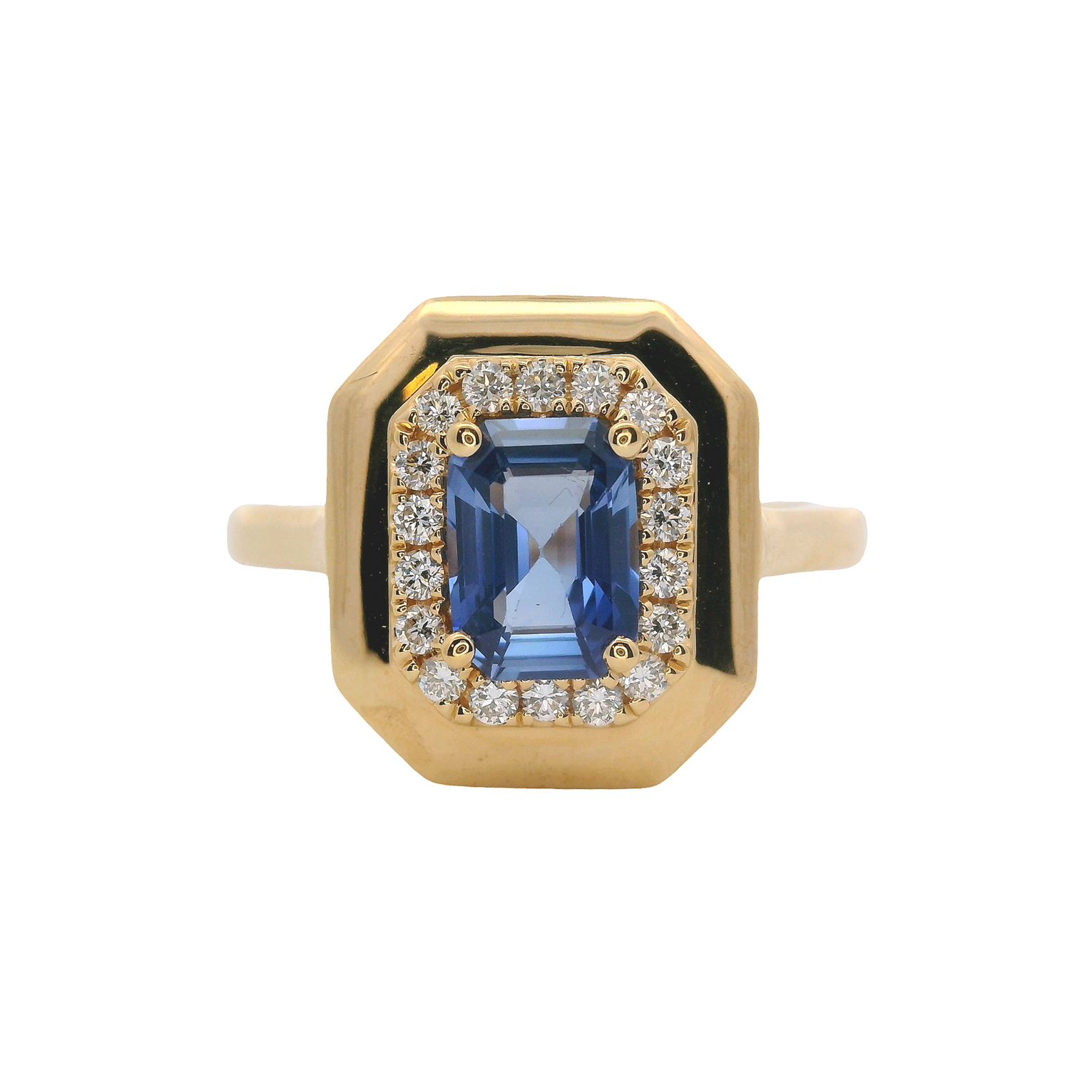 Emerald Cut Sapphire Ring with Pave Diamonds and Gold Frame