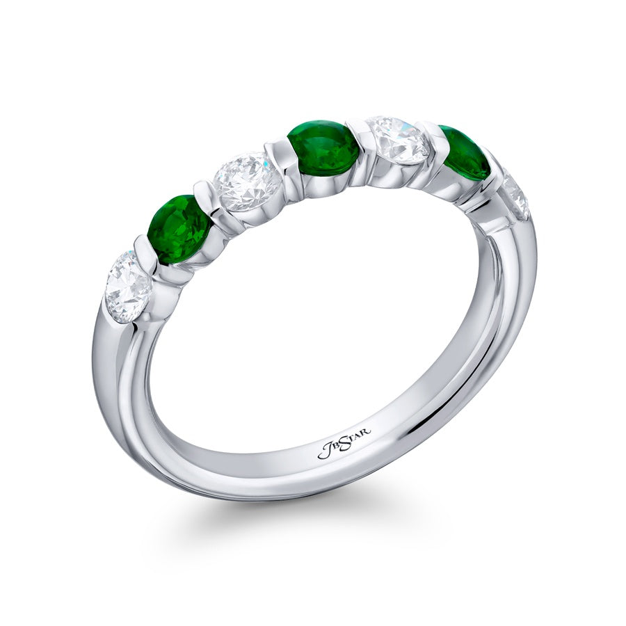 Platinum Round Emerald and Diamond Bar Set Band