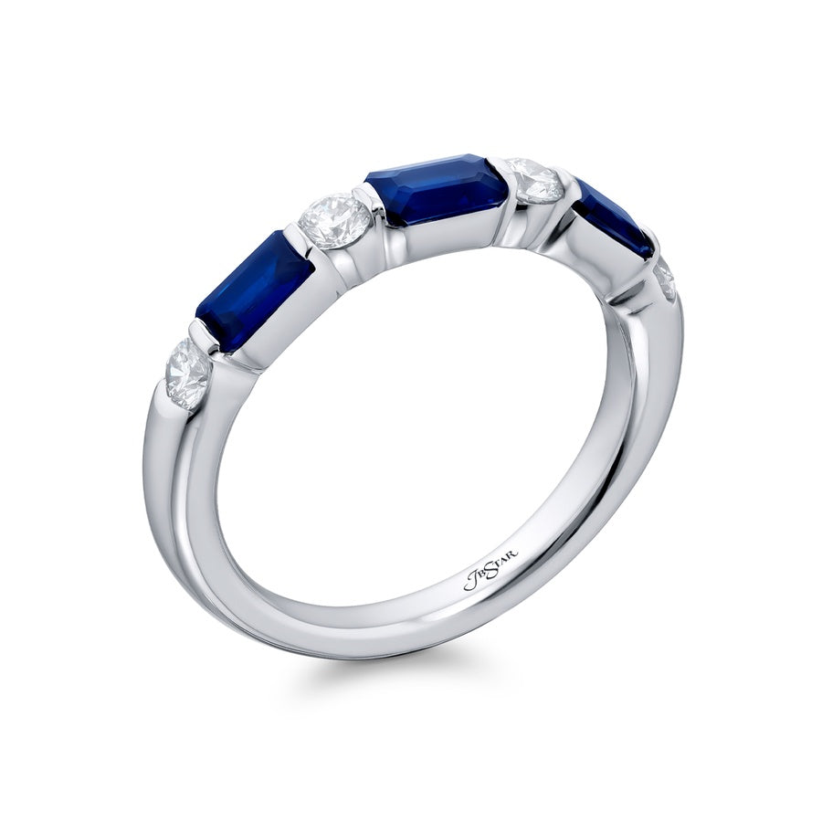 Platinum Emerald-Cut Sapphire and Diamond East-West Bar Set Band