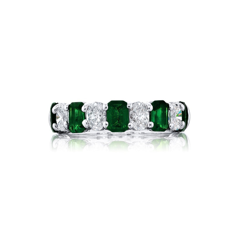 Platinum Emerald-Cut Emerald and Diamond Band
