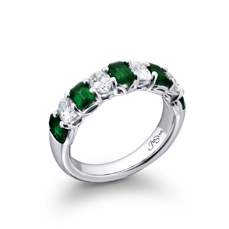 Platinum Emerald-Cut Emerald and Diamond Band