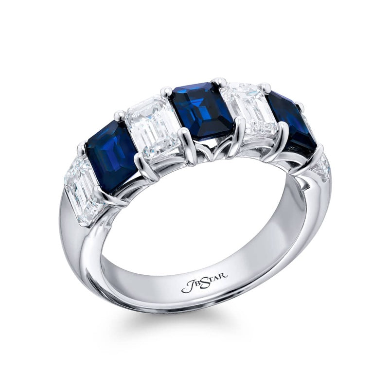 Platinum Emerald-Cut Sapphire and Diamond Band