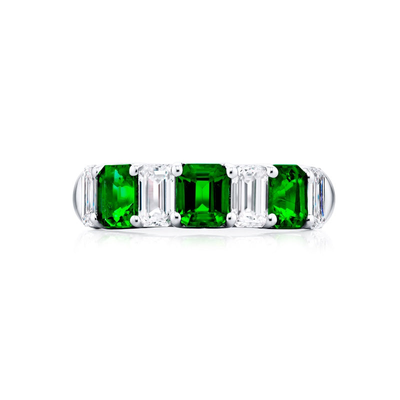 Platinum Emerald-Cut Emerald and Diamond Band
