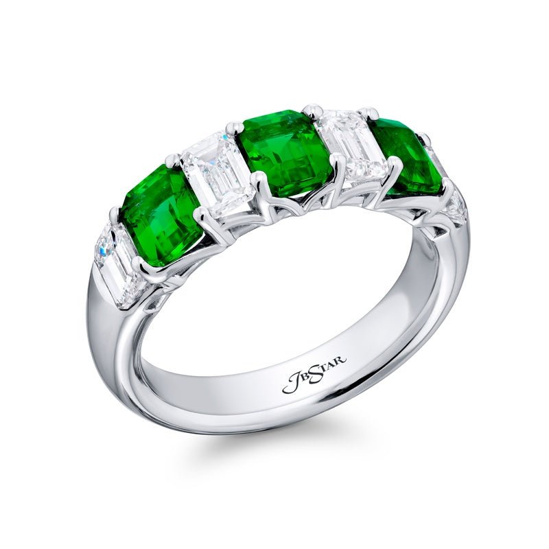 Platinum Emerald-Cut Emerald and Diamond Band