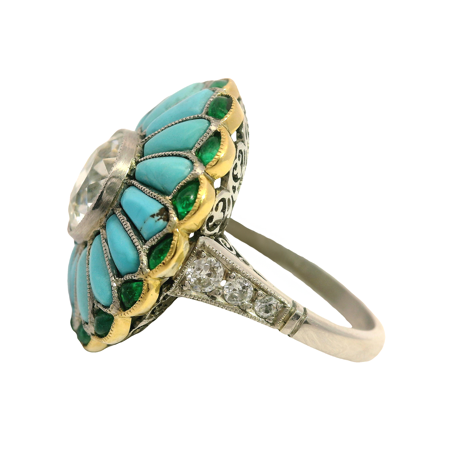 Vintage Old European Cut Diamond Ring with Turquoise and Cabochon Emerald Halo