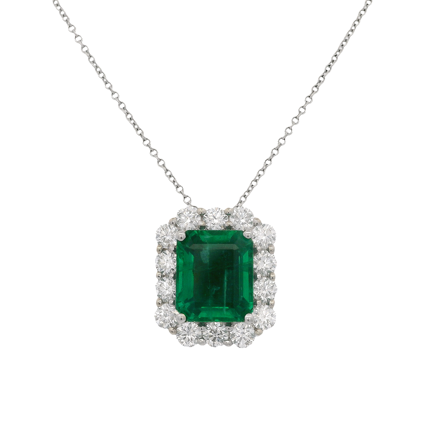 Emerald Cut Emerald with Diamond Halo Pendant on Chain