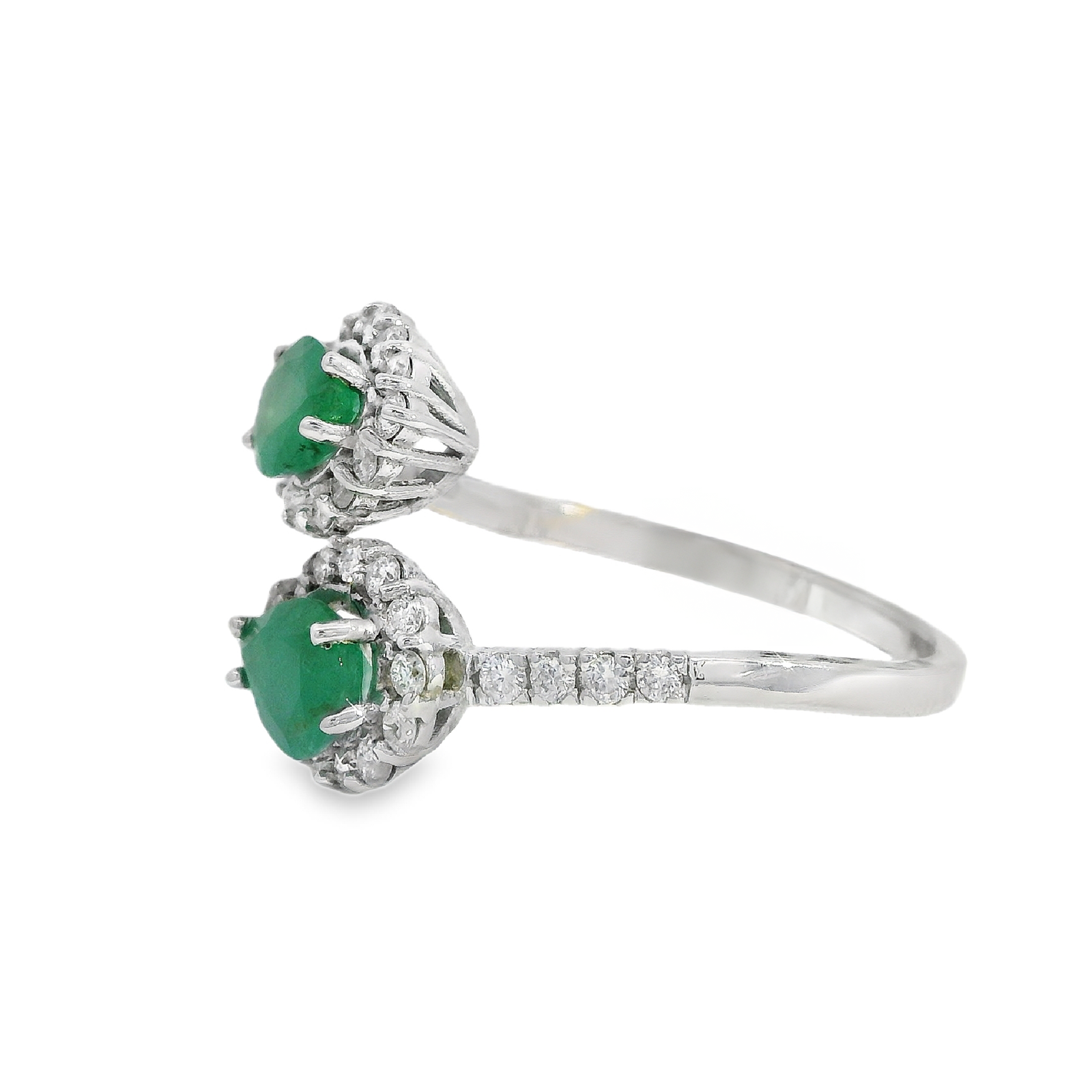 Vintage Pear Emerald Bypass Ring with Diamond Halo