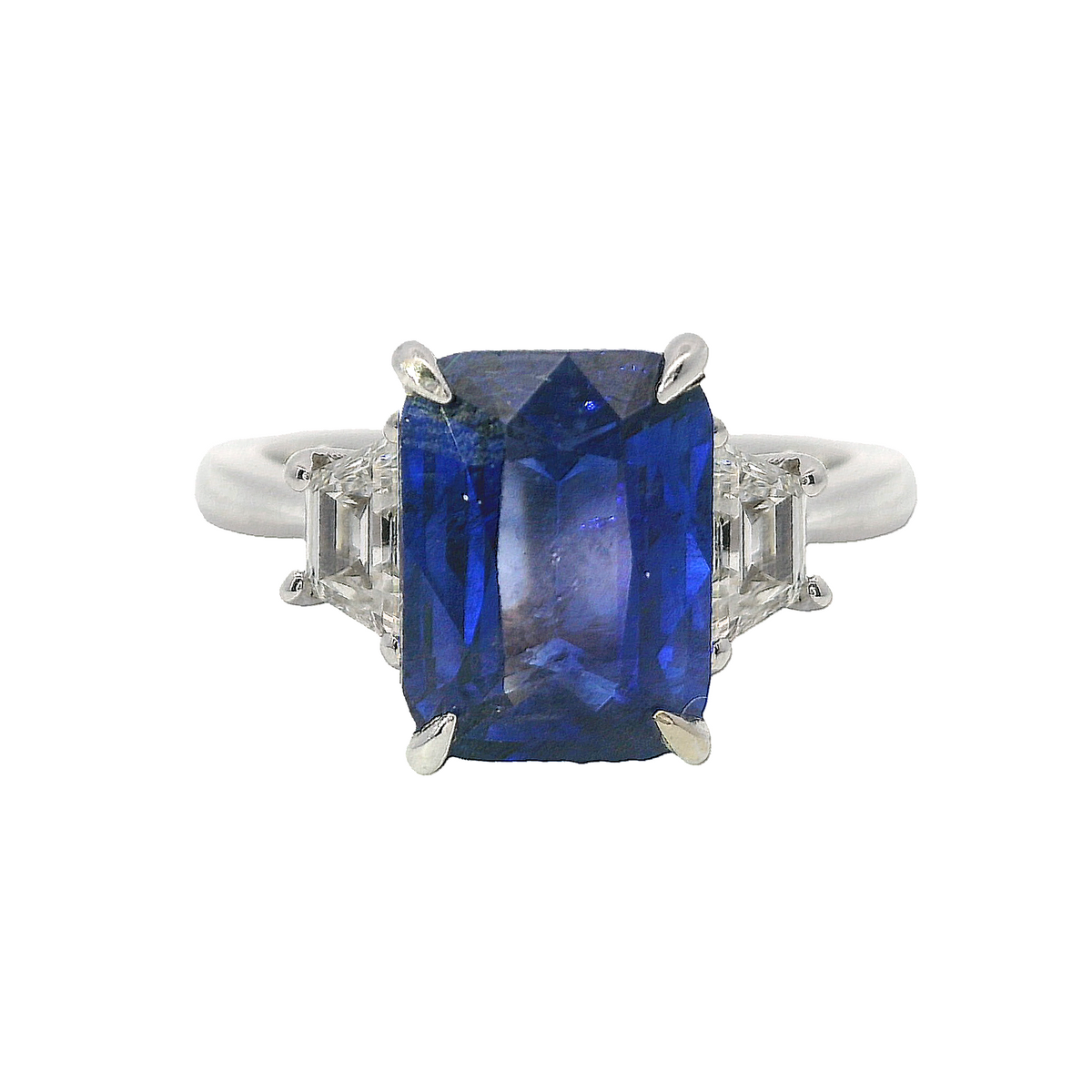 Sapphire Ring with Two Trapezoid Diamond Side Stones