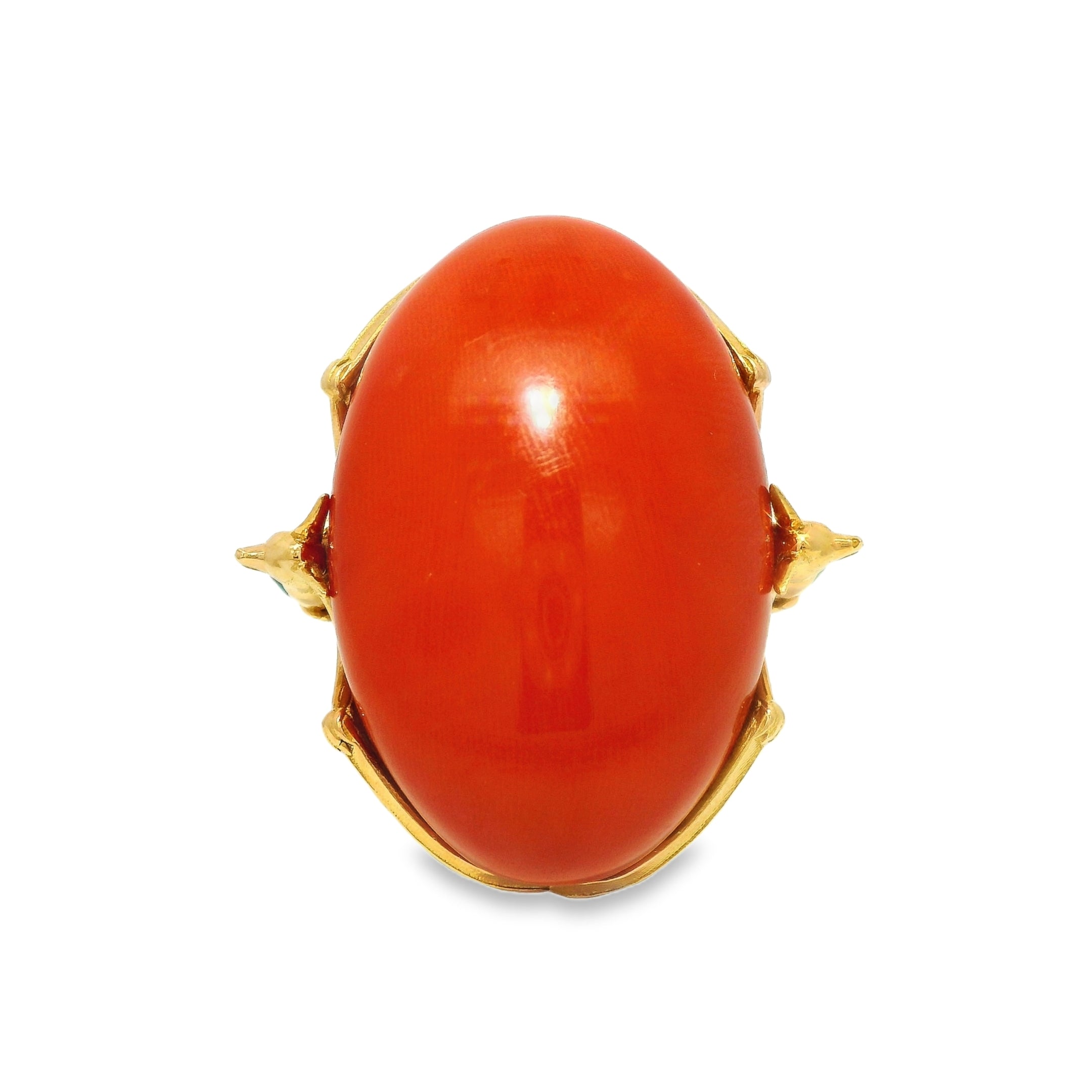 Celestial Coral Cabochon Ring with Diamond and Emerald Bats