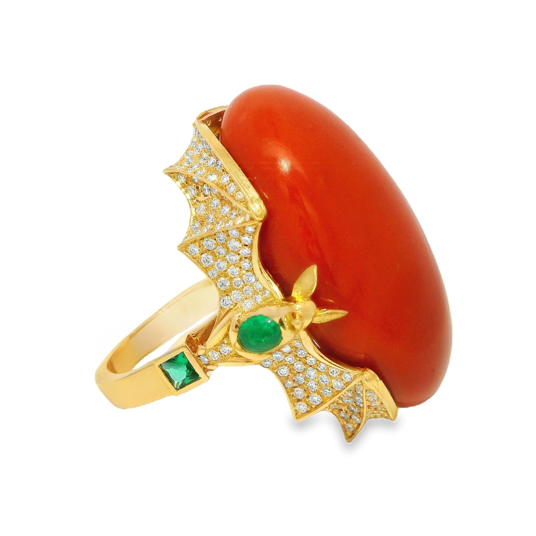 Celestial Coral Cabochon Ring with Diamond and Emerald Bats