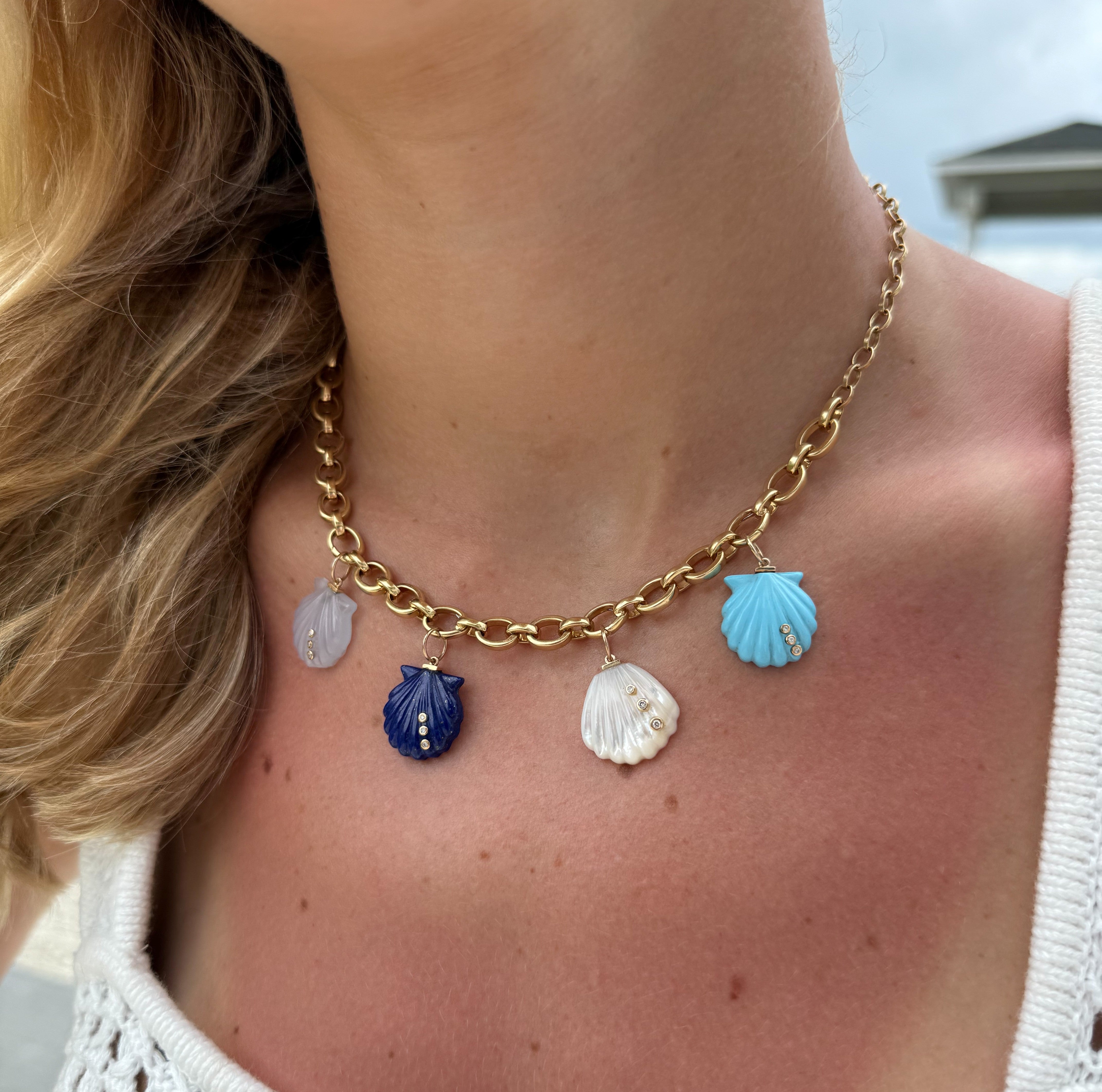 Chalcedony Shell Pendant with Three Bezel Round Diamonds