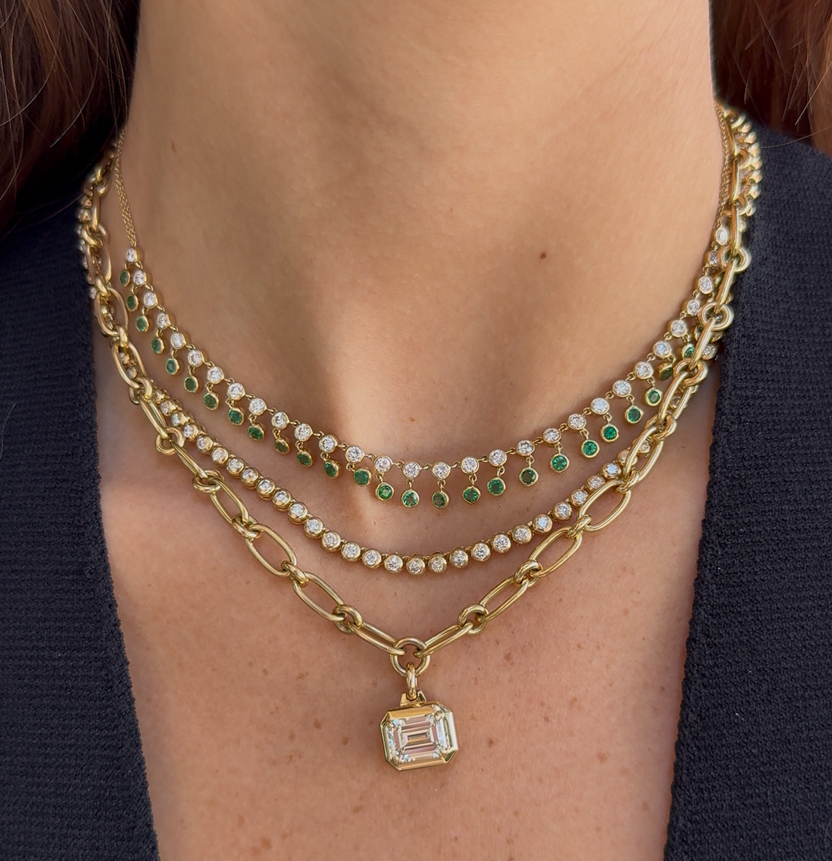 Diamond and Emerald Drop Collar Necklace on Double Cable Chain