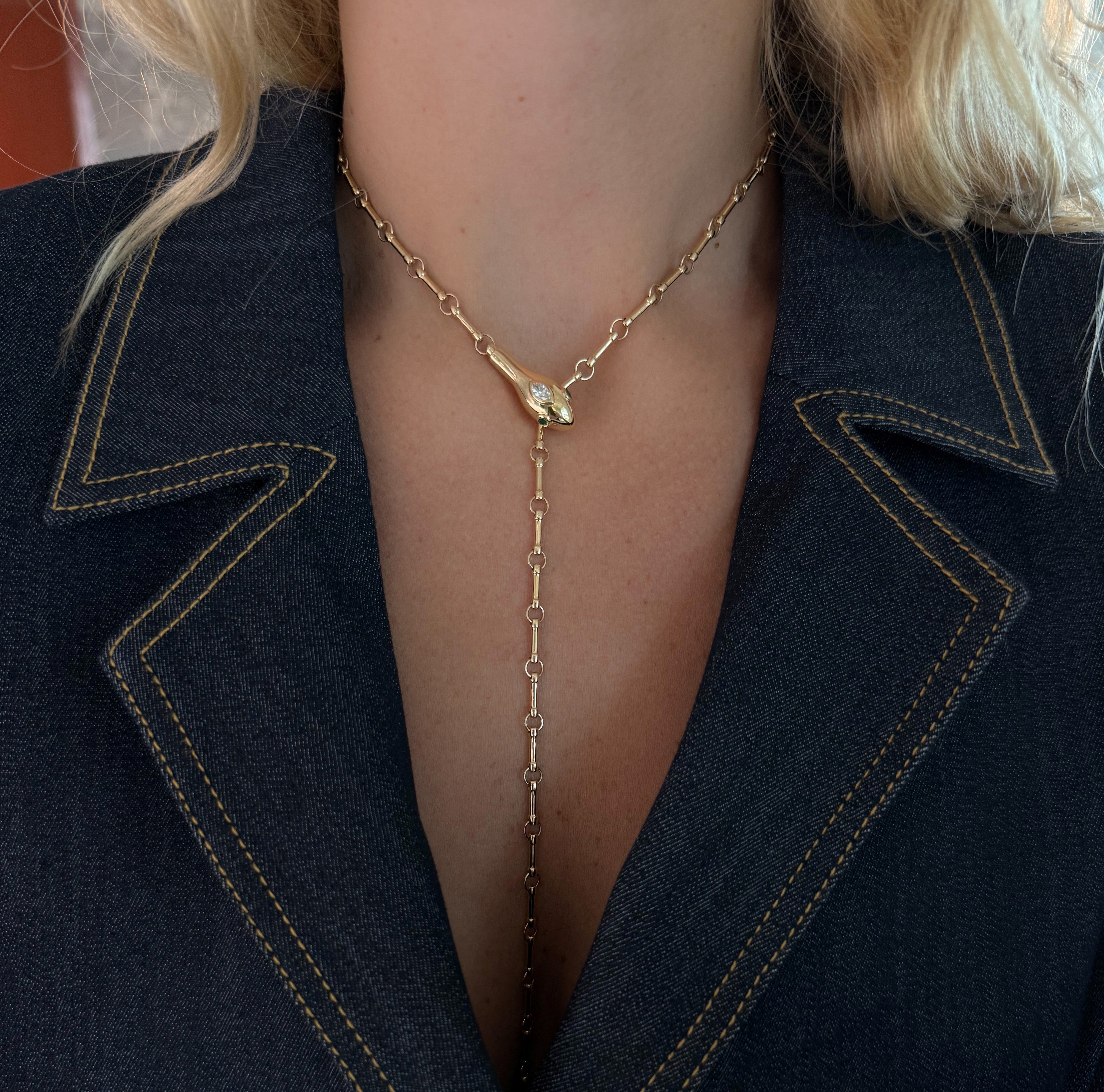 Marquise Diamond and Round Emerald Snake Lariat Necklace