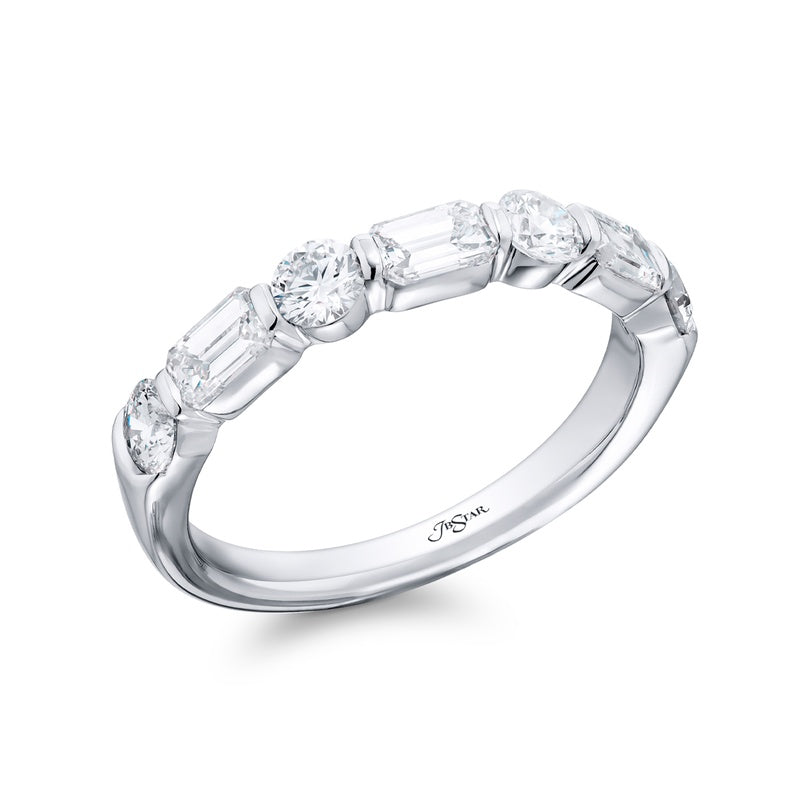Platinum Emerald-Cut and Round Diamond East-West Bar Set Band