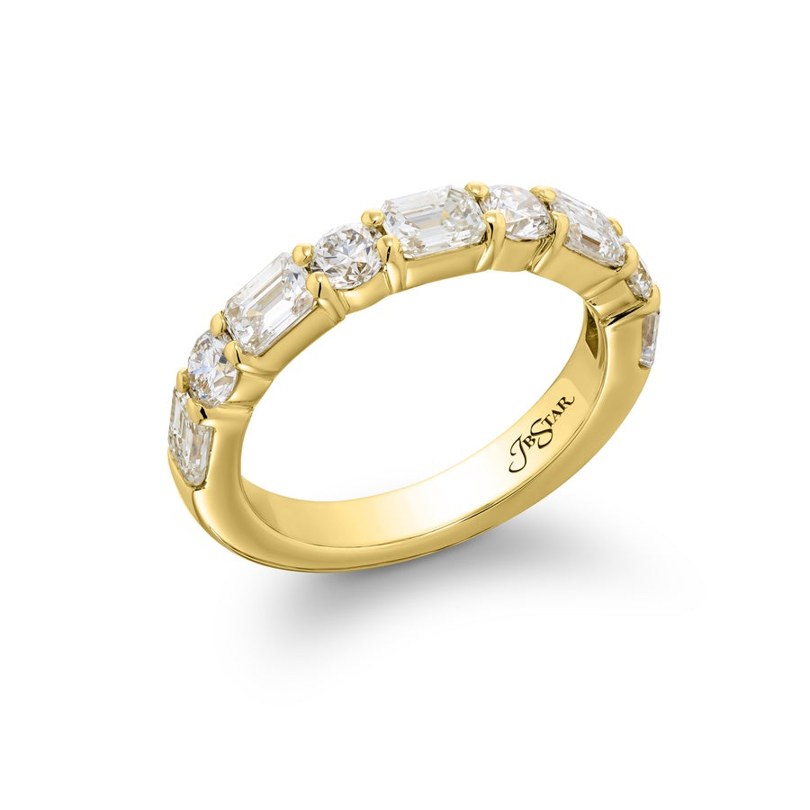 18K Yellow Gold Emerald-Cut and Round Diamond East-West Band
