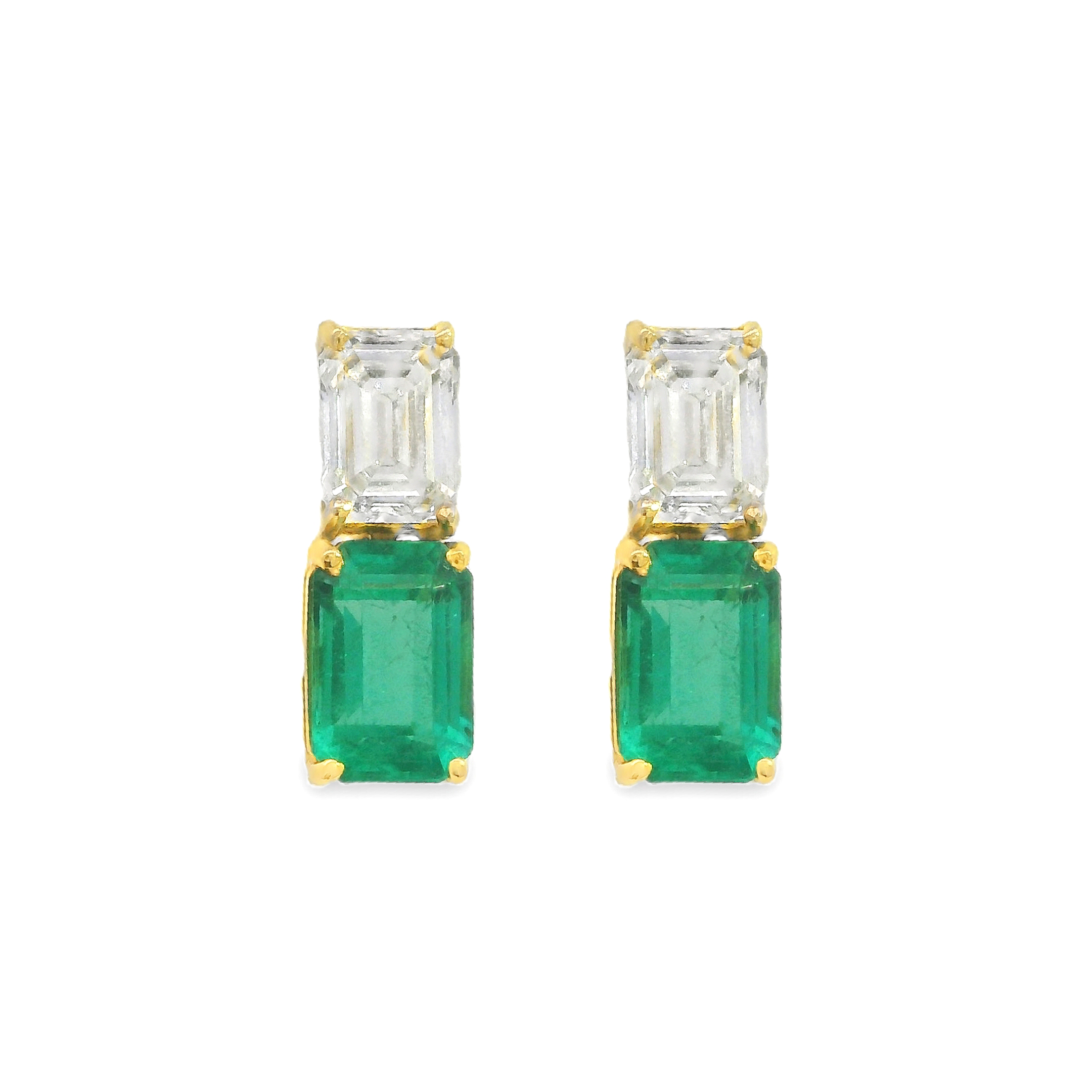 Emerald Cut Emerald and Diamond Drop Stud Earrings