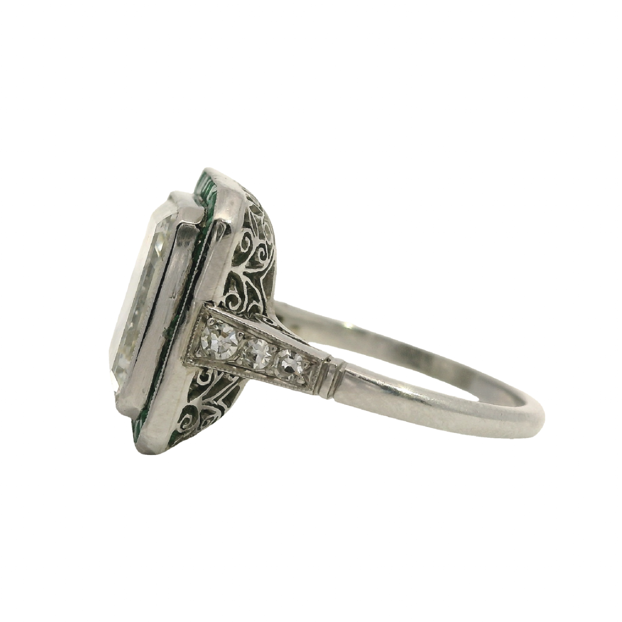 Vintage Emerald-Cut Diamond Ring with Emerald Halo
