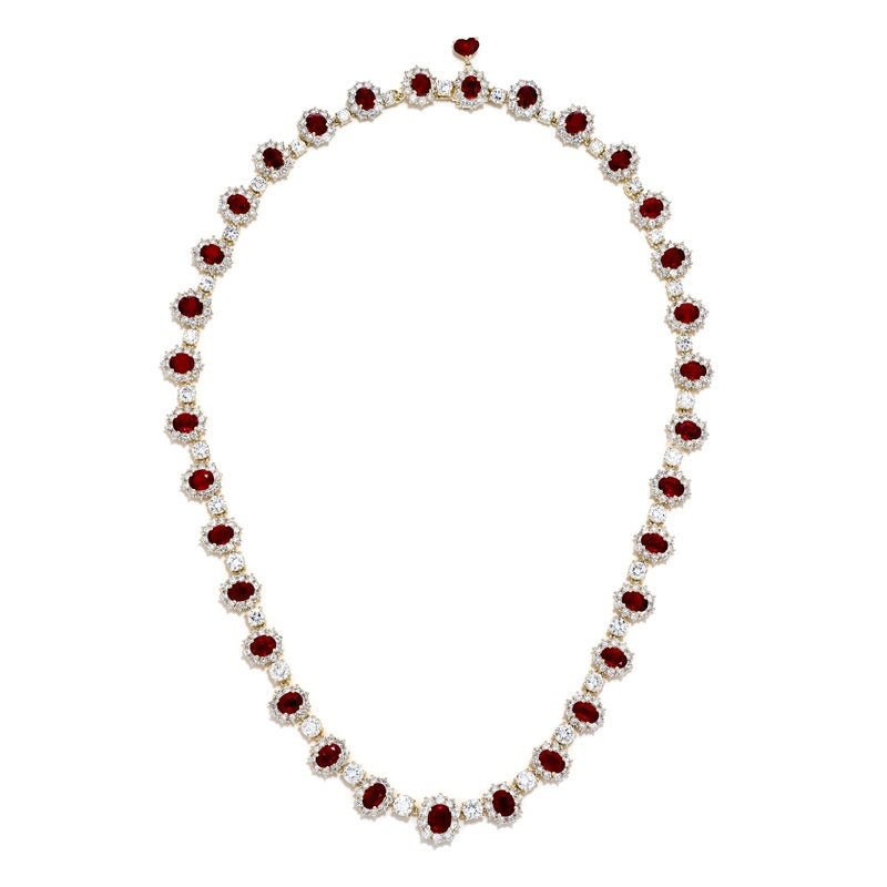 18K Yellow Gold Oval Burmese Rubies and Diamond Certified Necklace