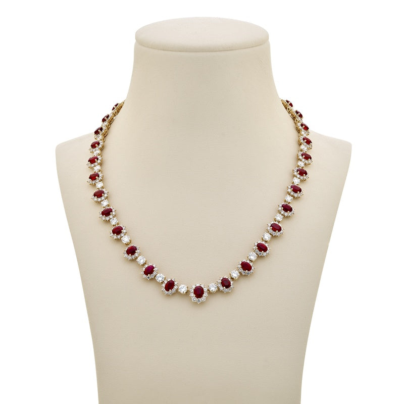 18K Yellow Gold Oval Burmese Rubies and Diamond Certified Necklace