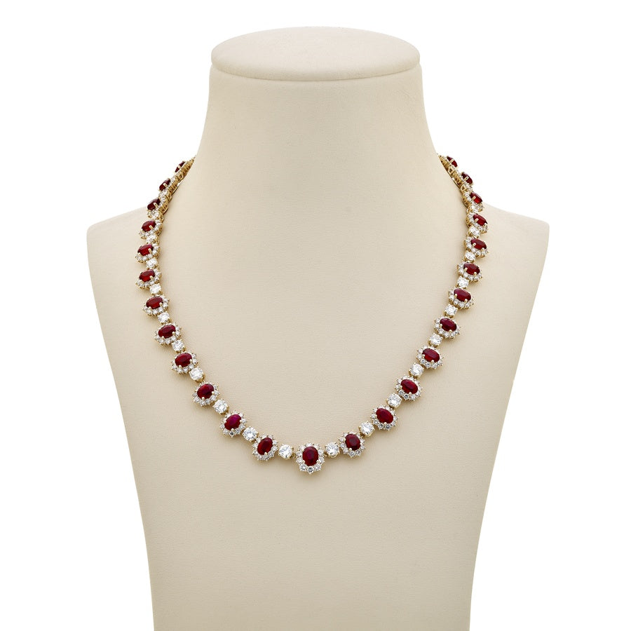 18K Yellow Gold Oval Burmese Rubies and Diamond Certified Necklace