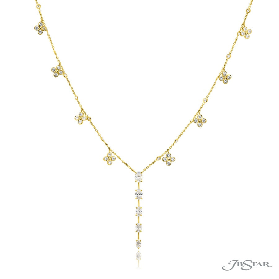 Exquisite Style: Our Timeless Diamond Drop Floral Pendant  Oval Diamond Drop with Round Diamond Floral Chain in 18K Yellow Gold