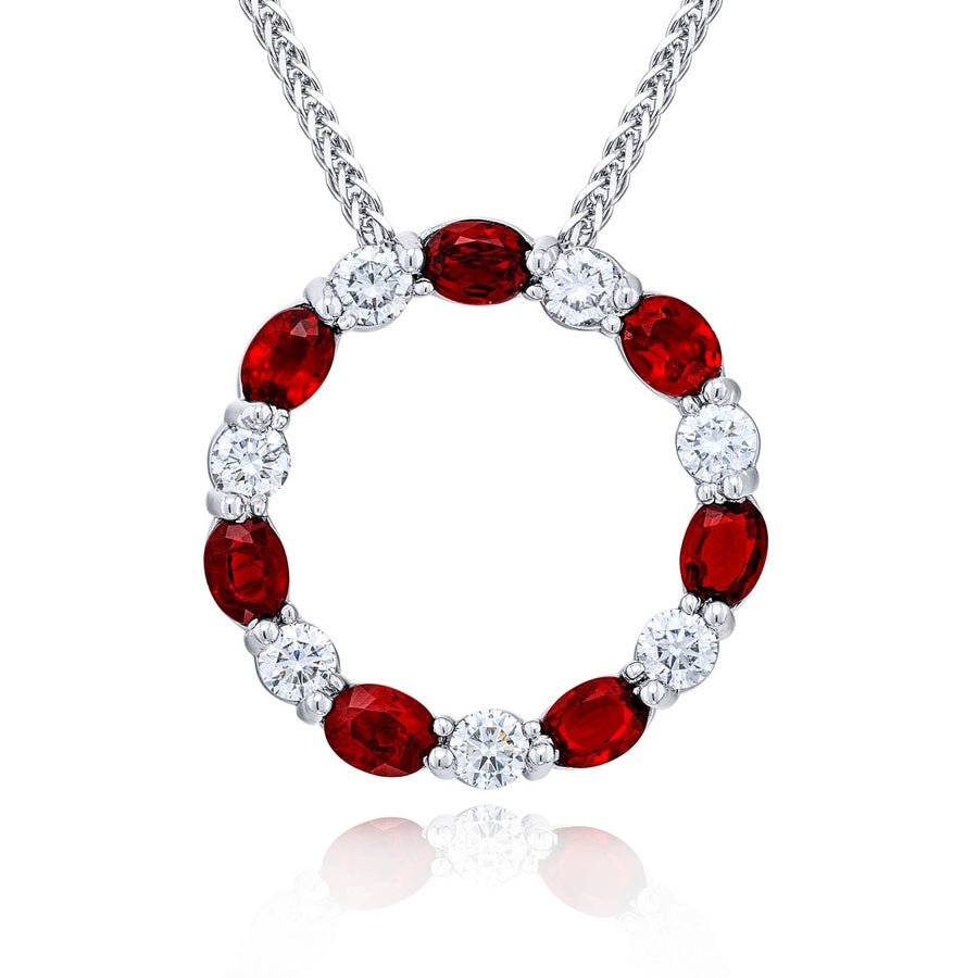 Platinum Oval Ruby and Diamond Circle Pendant