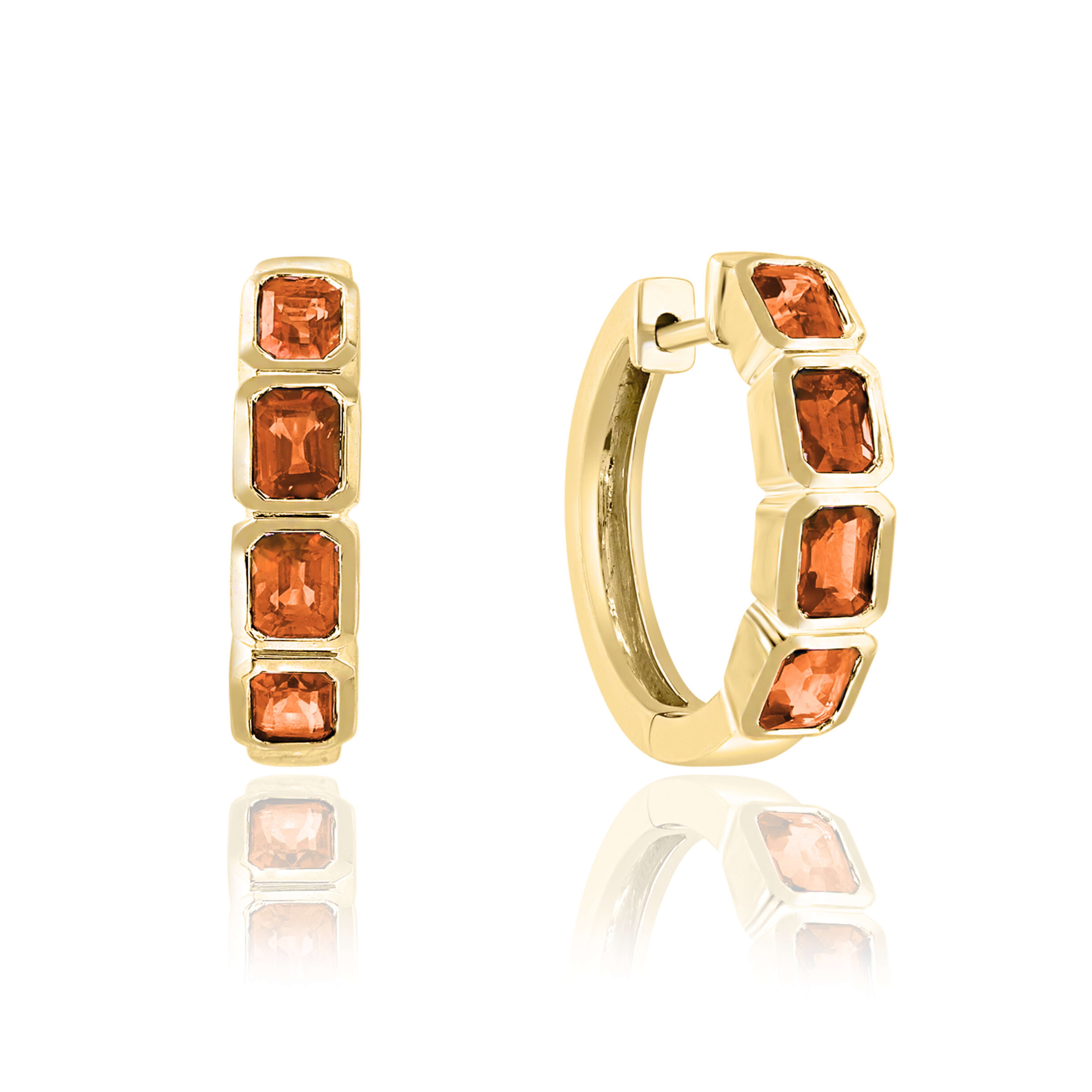 Bezel Emerald Cut Orange Sapphire Hoop Earrings