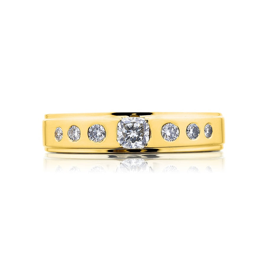 18K Yellow Gold Cushion-Cut and Round Diamond Single-Row Bezel Set Men's Wedding Band