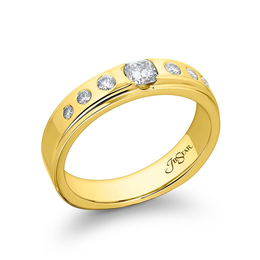 18K Yellow Gold Cushion-Cut and Round Diamond Single-Row Bezel Set Men's Wedding Band