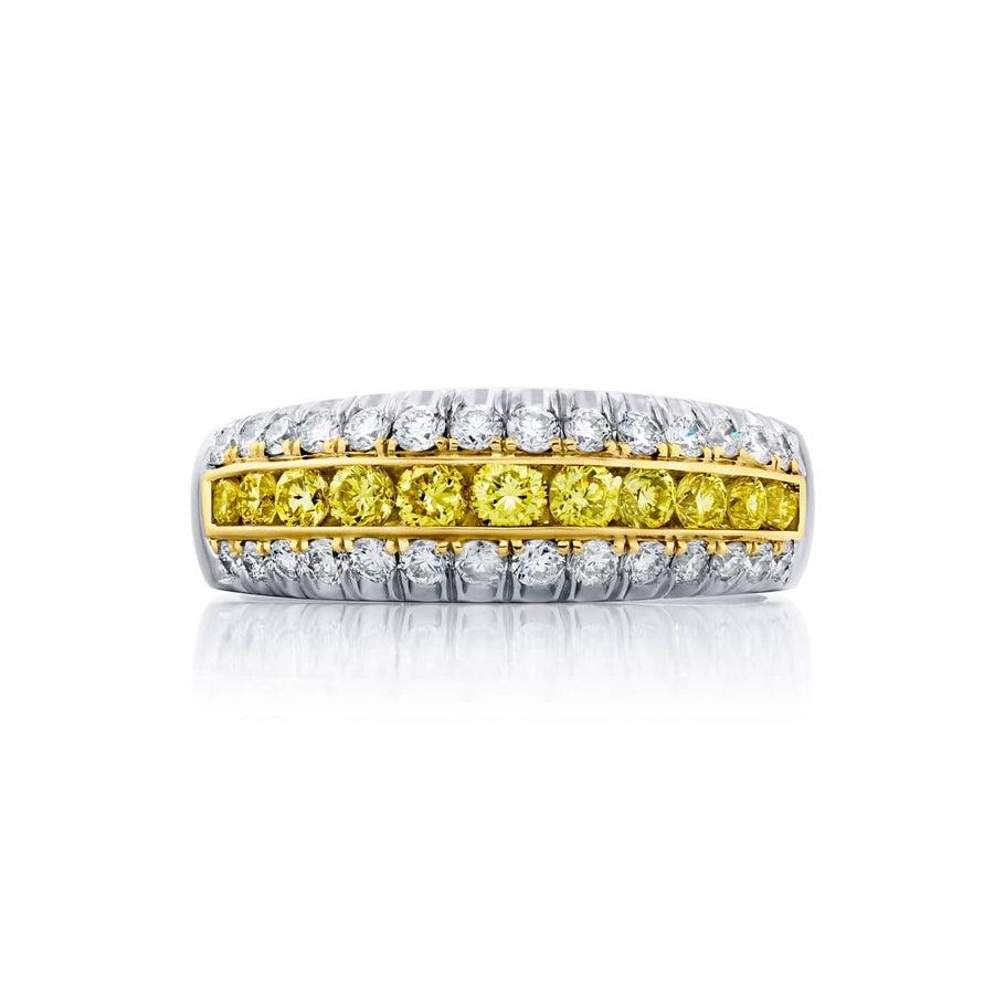 Platinum and 18K Yellow Gold Round Fancy Yellow Diamond Single-Row Micro Pave Band