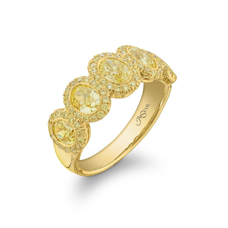 18K Yellow Gold Oval Fancy Yellow Diamond Single-Row Bezel Set Micro Pave Band