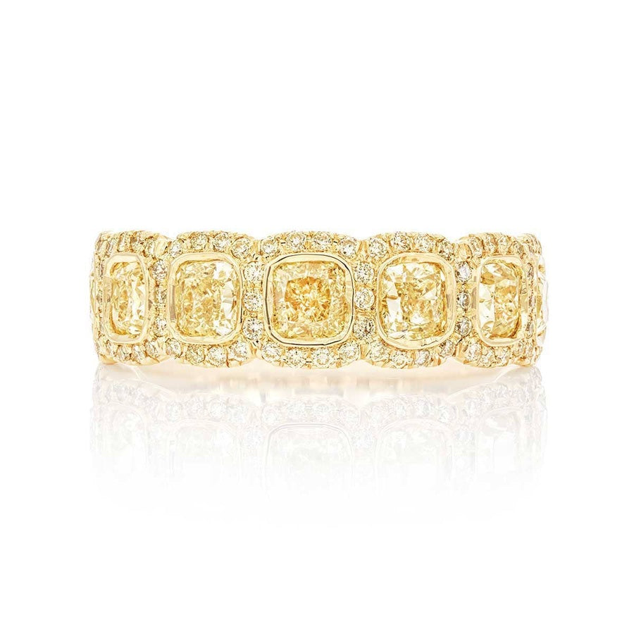 18K Yellow Gold Cushion-Cut Fancy Yellow Diamond Single-Row Bezel Set Micro Pave Band