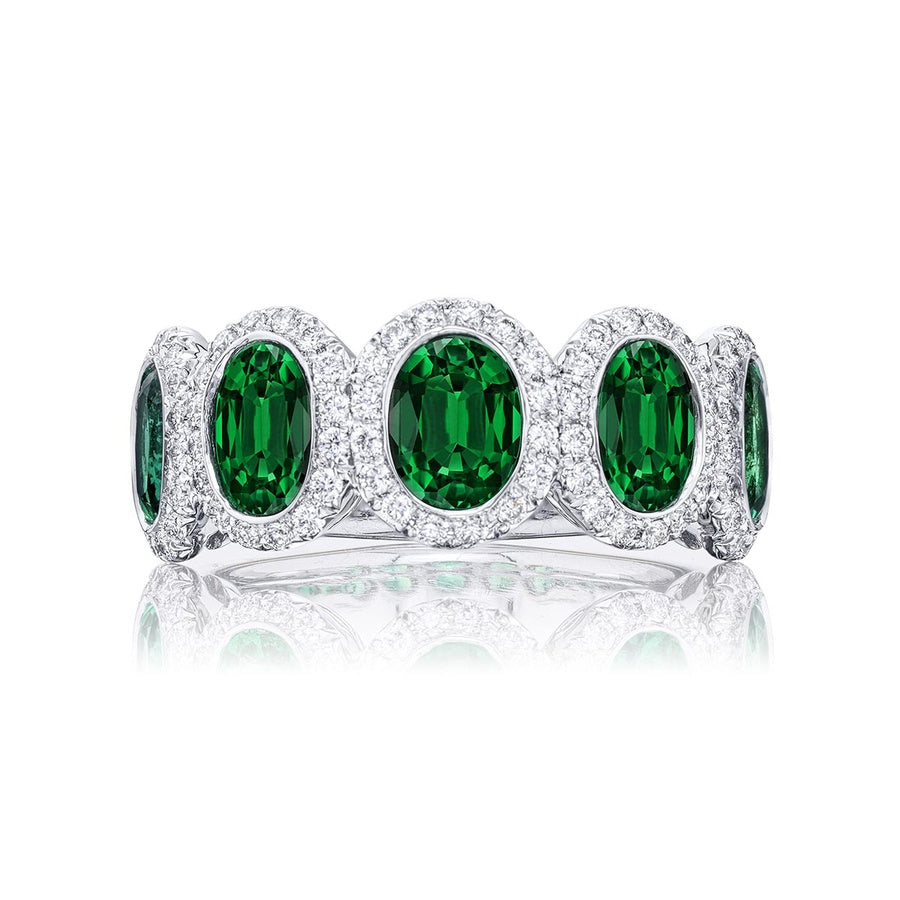 Platinum Oval Emerald Single-Row Bezel Set Micro Pave Band