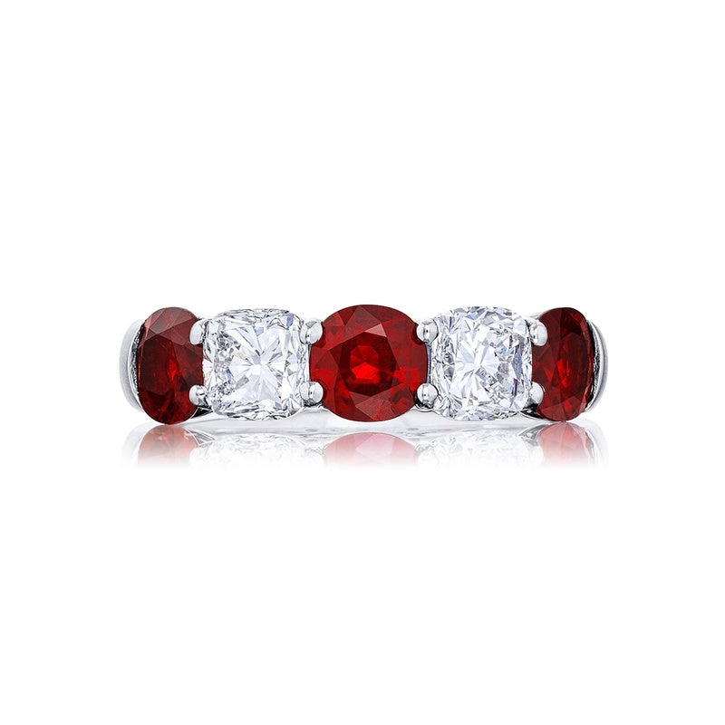 Platinum Cushion-Cut Ruby and Diamond Single-Row Band