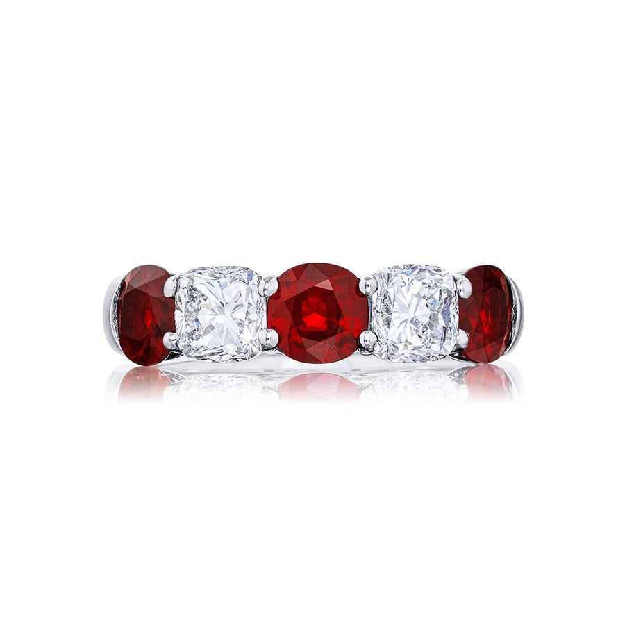 Platinum Cushion-Cut Ruby and Diamond Single-Row Band