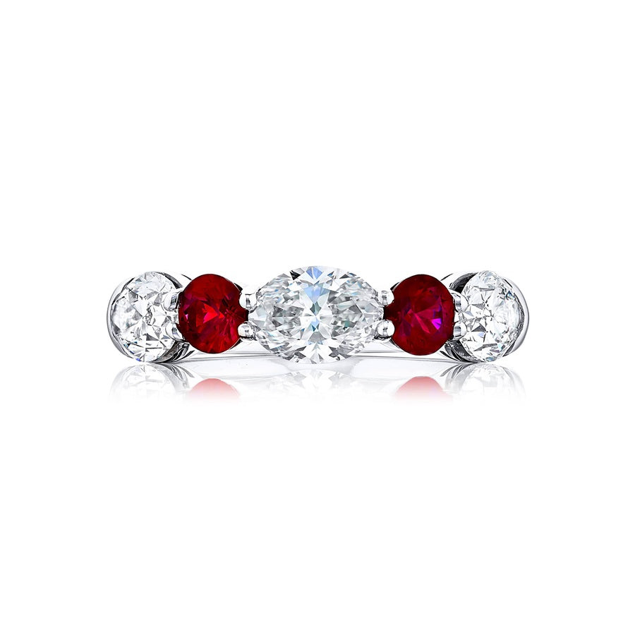 Platinum Round Ruby and Oval Diamond Single-Row East-West Band