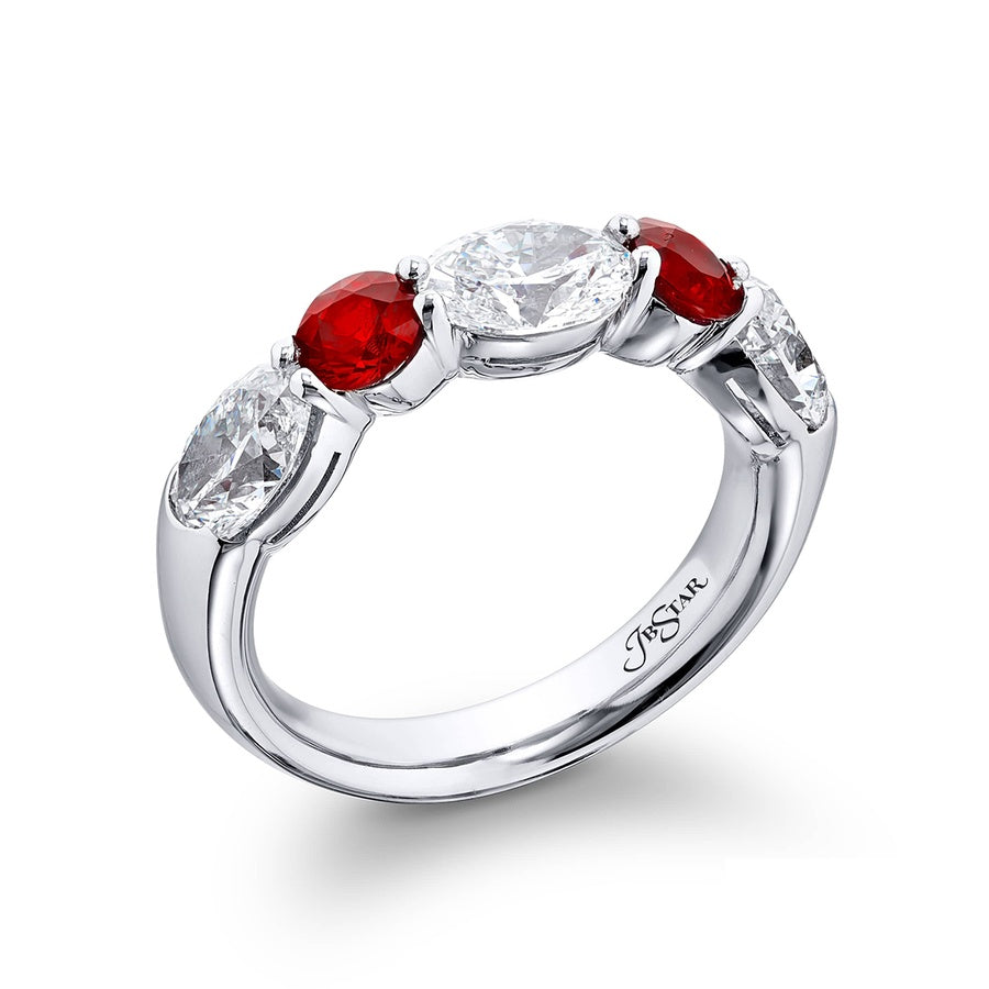Platinum Round Ruby and Oval Diamond Single-Row East-West Band