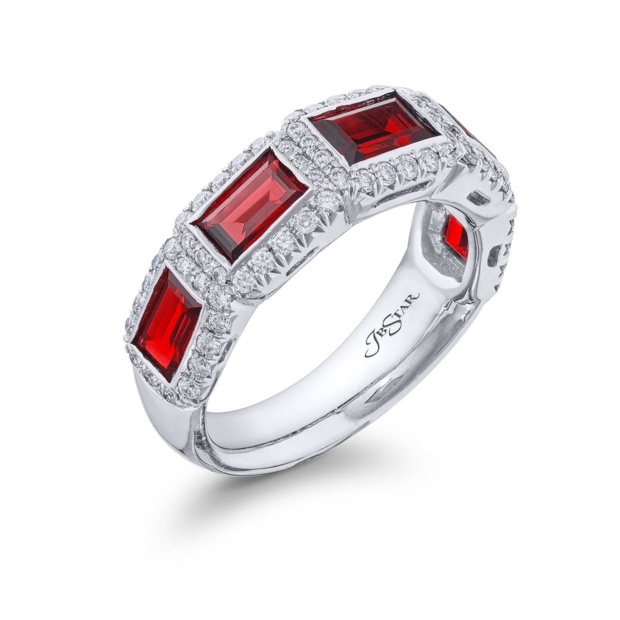 Platinum Straight Baguette Ruby Single-Row Bezel Set Micro Pave Band